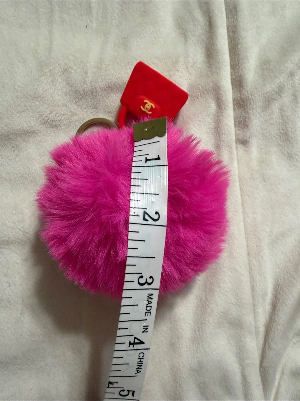 Fuchsia Fur Pom Pom Key Ring with Red Mini Bag Charm